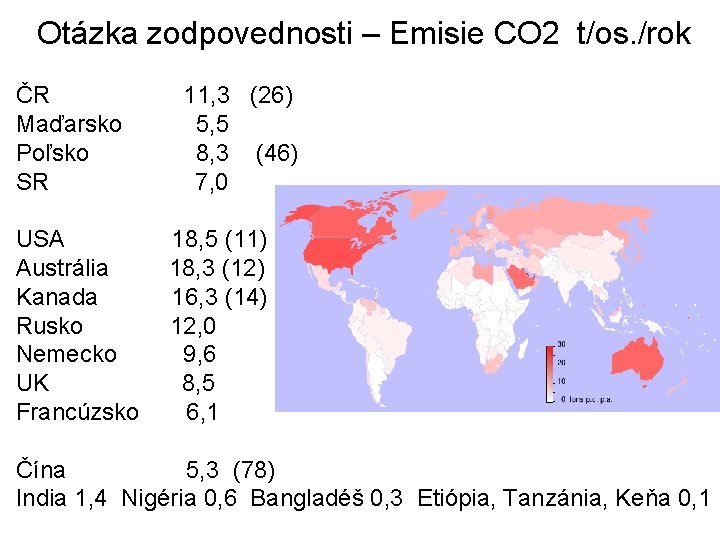Otázka zodpovednosti – Emisie CO 2 t/os. /rok ČR Maďarsko Poľsko SR USA Austrália