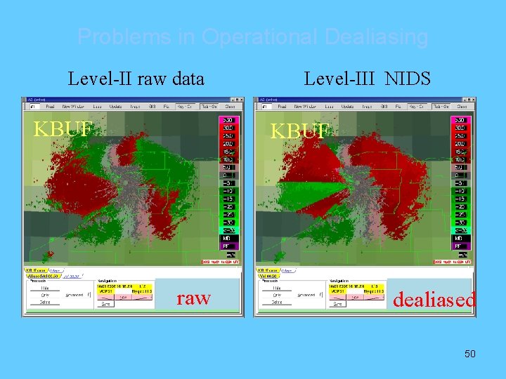 Problems in Operational Dealiasing Level-II raw data KBUF Level-III NIDS KBUF raw dealiased 50