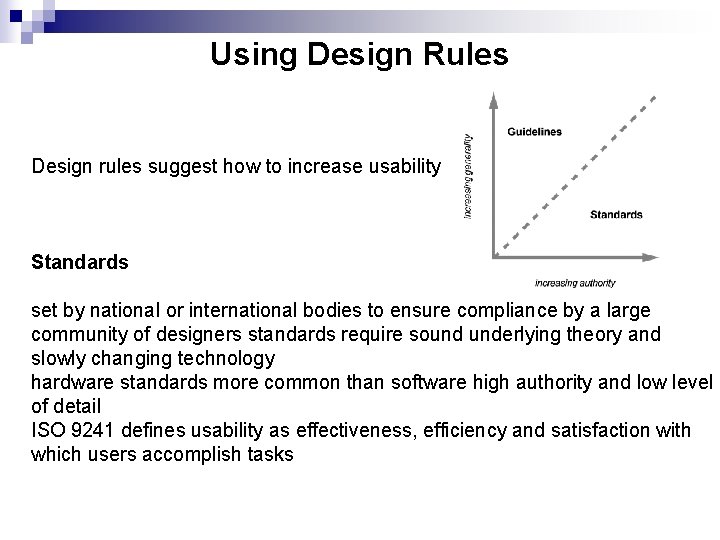Using Design Rules Design rules suggest how to increase usability Standards set by national