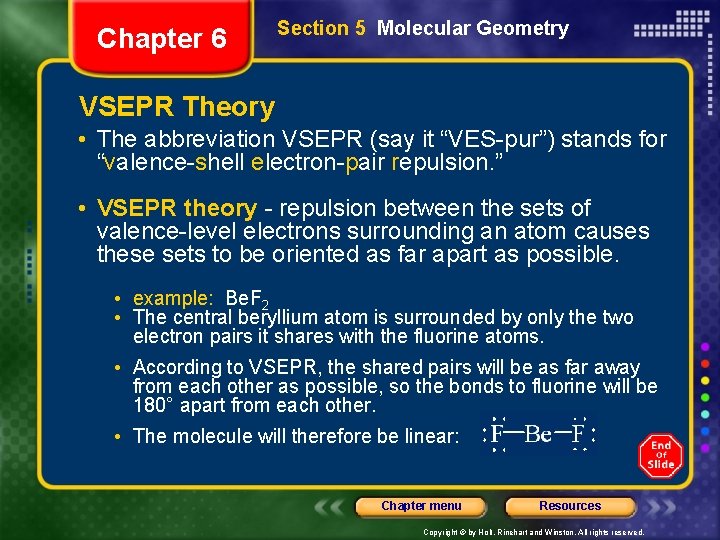 Chapter 6 Section 5 Molecular Geometry VSEPR Theory • The abbreviation VSEPR (say it