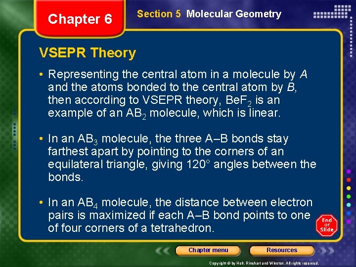 Chapter 6 Section 5 Molecular Geometry VSEPR Theory • Representing the central atom in