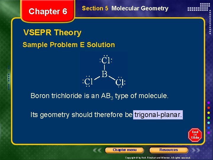 Chapter 6 Section 5 Molecular Geometry VSEPR Theory Sample Problem E Solution Boron trichloride