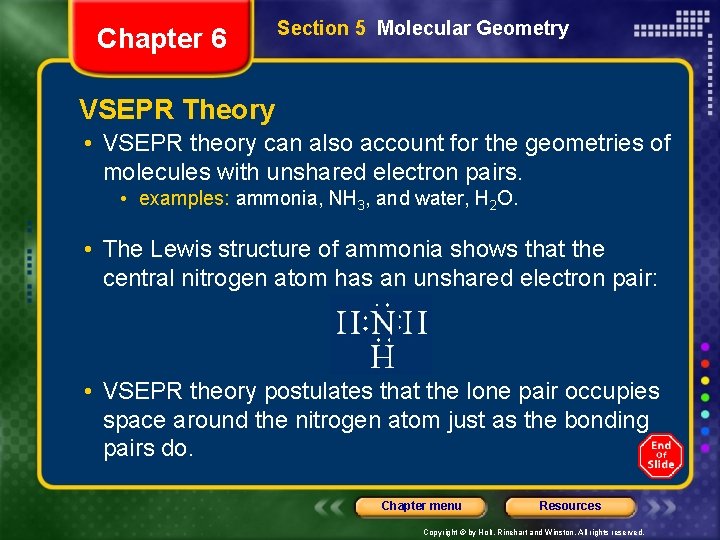 Chapter 6 Section 5 Molecular Geometry VSEPR Theory • VSEPR theory can also account