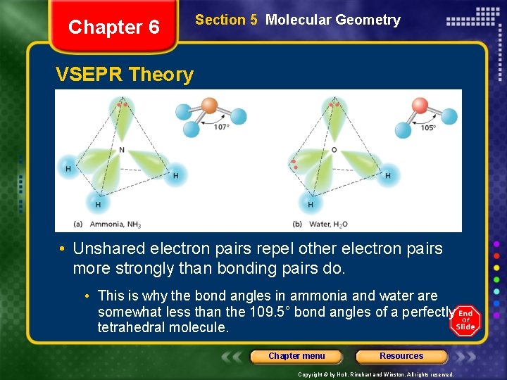 Chapter 6 Section 5 Molecular Geometry VSEPR Theory • Unshared electron pairs repel other