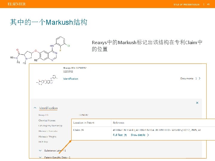 TITLE OF PRESENTATION 其中的一个Markush结构 Reaxys中的Markush标记出该结构在专利Claim中 的位置 | 41 