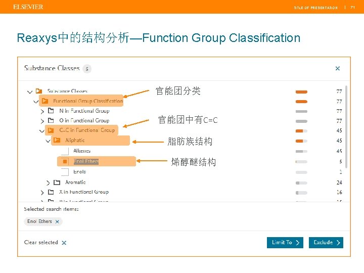 TITLE OF PRESENTATION Reaxys中的结构分析—Function Group Classification 官能团分类 官能团中有C=C 脂肪族结构 烯醇醚结构 | 71 