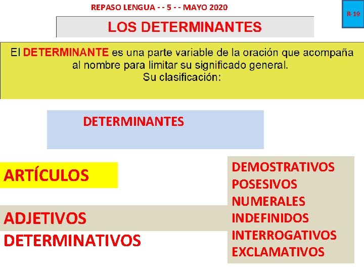 REPASO LENGUA - - 5 - - MAYO 2020 R-19 DETERMINANTES ARTÍCULOS ADJETIVOS DETERMINATIVOS