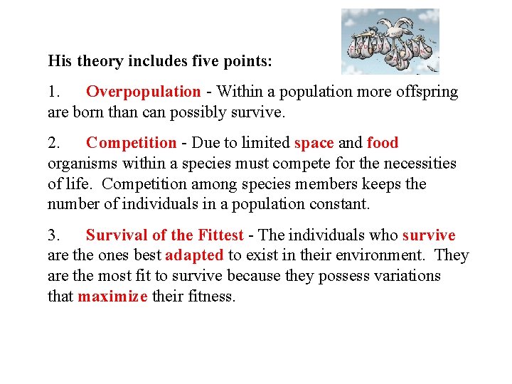 His theory includes five points: 1. Overpopulation - Within a population more offspring are