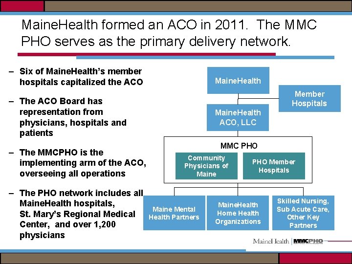 Maine. Health formed an ACO in 2011. The MMC PHO serves as the primary