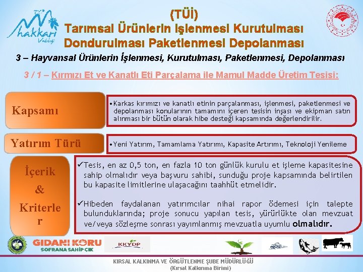 (TÜİ) Tarımsal Ürünlerin işlenmesi Kurutulması Dondurulması Paketlenmesi Depolanması 3 – Hayvansal Ürünlerin İşlenmesi, Kurutulması,