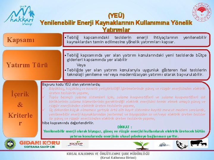 (YEÜ) Yenilenebilir Enerji Kaynaklarının Kullanımına Yönelik Yatırımlar Kapsamı • Tebliğ kapsamındaki tesislerin enerji ihtiyaçlarının