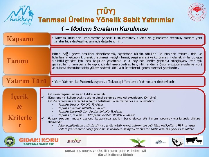 (TÜY) Tarımsal Üretime Yönelik Sabit Yatırımlar 1 – Modern Seraların Kurulması Kapsamı • Tarımsal