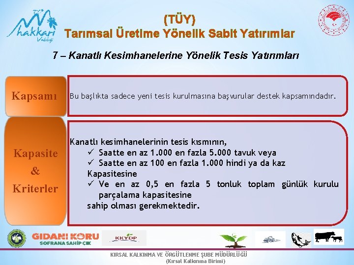 (TÜY) Tarımsal Üretime Yönelik Sabit Yatırımlar 7 – Kanatlı Kesimhanelerine Yönelik Tesis Yatırımları Kapsamı