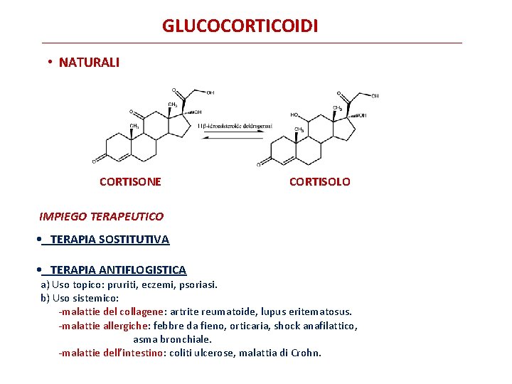 GLUCOCORTICOIDI • NATURALI CORTISONE CORTISOLO IMPIEGO TERAPEUTICO • TERAPIA SOSTITUTIVA • TERAPIA ANTIFLOGISTICA a)