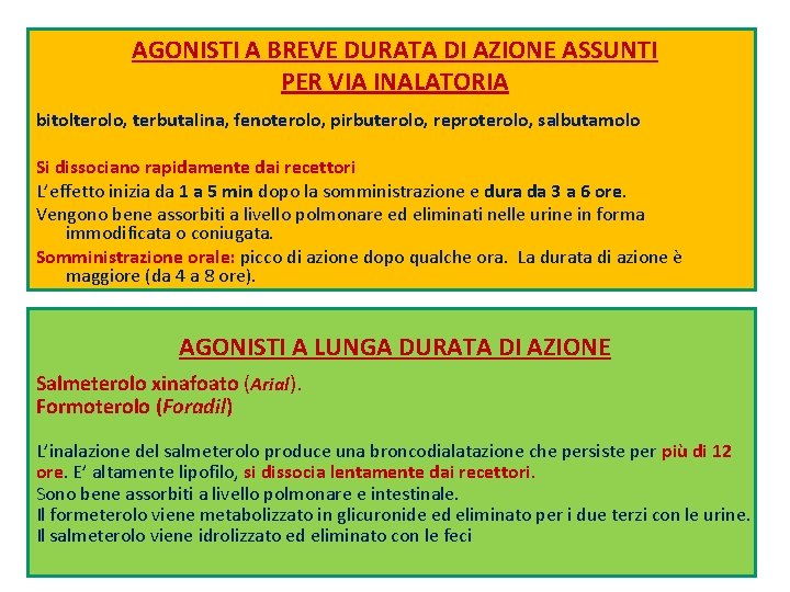 AGONISTI A BREVE DURATA DI AZIONE ASSUNTI PER VIA INALATORIA bitolterolo, terbutalina, fenoterolo, pirbuterolo,