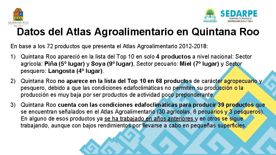 Datos del Atlas Agroalimentario en Quintana Roo En base a los 72 productos que