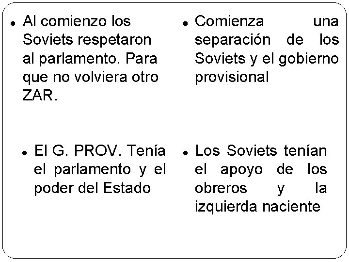  Al comienzo los Soviets respetaron al parlamento. Para que no volviera otro ZAR.