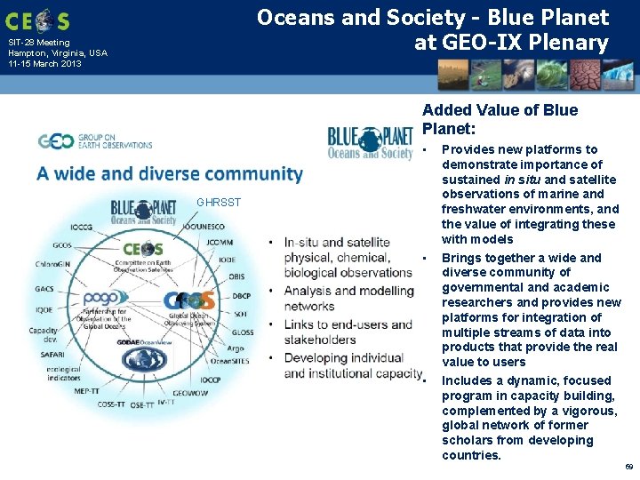 Oceans and Society - Blue Planet at GEO-IX Plenary SIT-28 Meeting Hampton, Virginia, USA