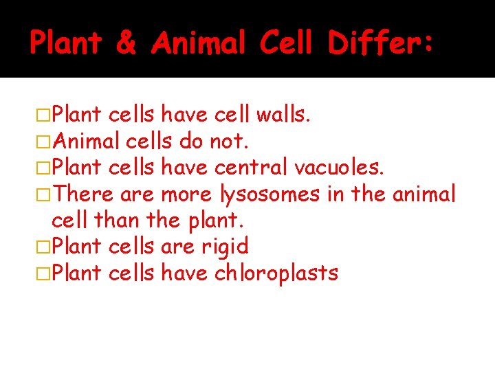 Plant & Animal Cell Differ: �Plant cells have cell walls. �Animal cells do not.