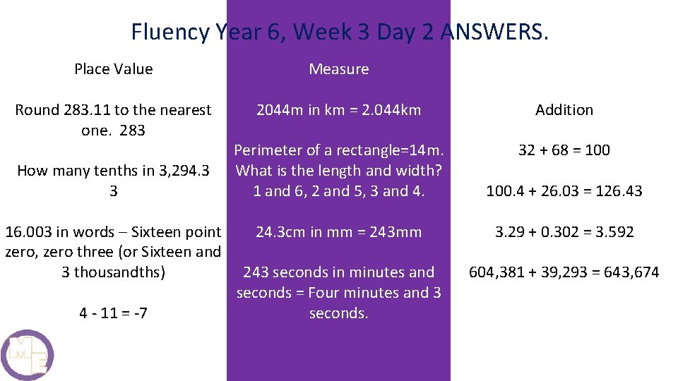 Fluency Year 6, Week 3 Day 2 ANSWERS. Place Value Measure Round 283. 11