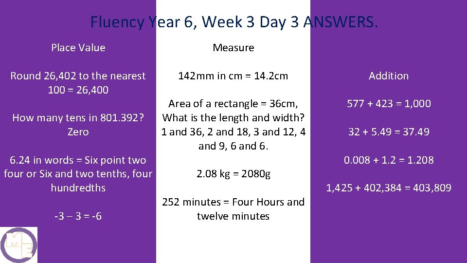 Fluency Year 6, Week 3 Day 3 ANSWERS. Place Value Measure Round 26, 402