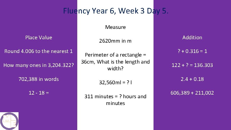 Fluency Year 6, Week 3 Day 5. Measure Place Value Round 4. 006 to