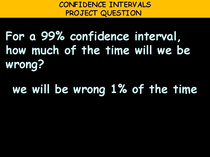 CONFIDENCE INTERVALS PROJECT QUESTION For a 99% confidence interval, how much of the time