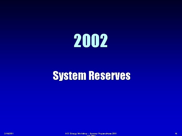 2002 System Reserves 2/16/2001 ACC Energy Workshop – Summer Preparedness 2001 16 