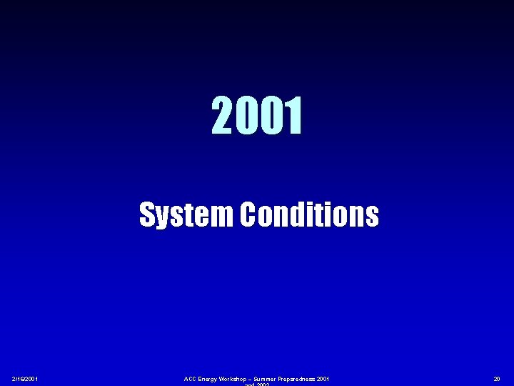 2001 System Conditions 2/16/2001 ACC Energy Workshop – Summer Preparedness 2001 20 