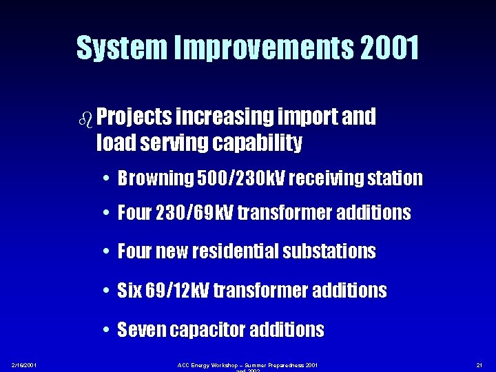 System Improvements 2001 b Projects increasing import and load serving capability • Browning 500/230