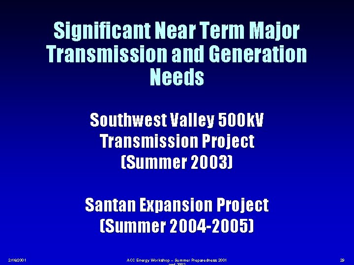 Significant Near Term Major Transmission and Generation Needs Southwest Valley 500 k. V Transmission