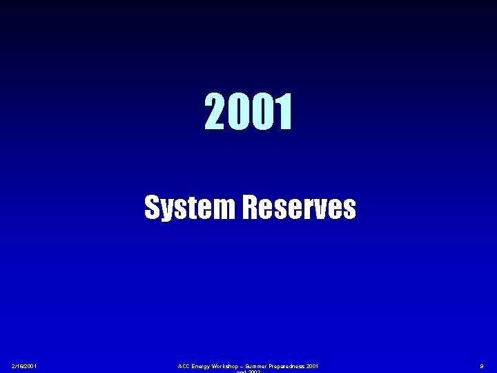 2001 System Reserves 2/16/2001 ACC Energy Workshop – Summer Preparedness 2001 9 