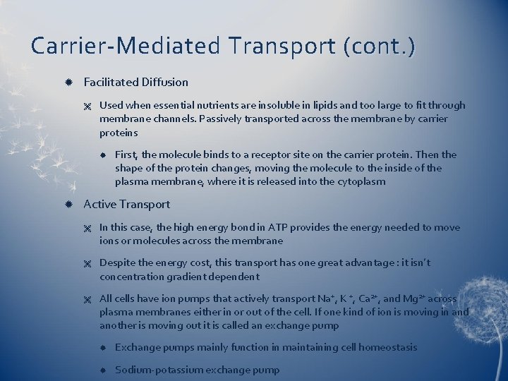 Carrier-Mediated Transport (cont. ) Facilitated Diffusion Ë Used when essential nutrients are insoluble in