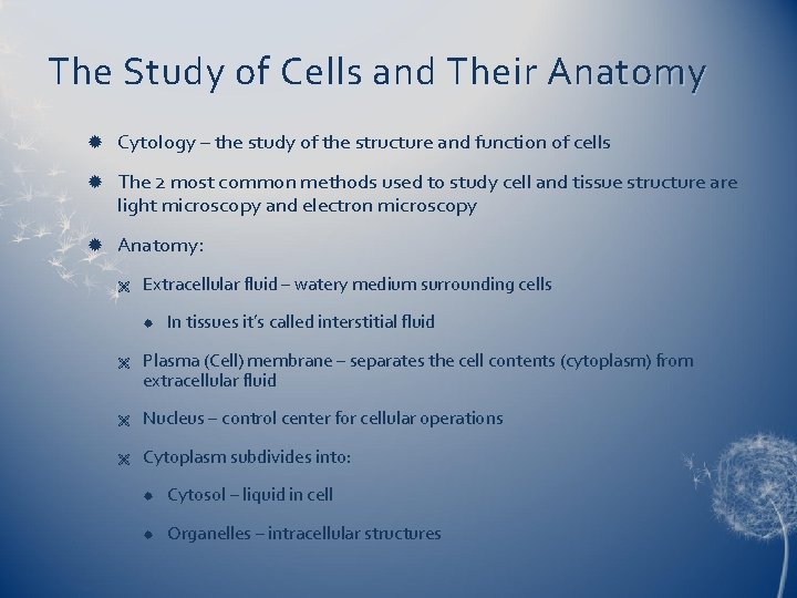 The Study of Cells and Their Anatomy Cytology – the study of the structure