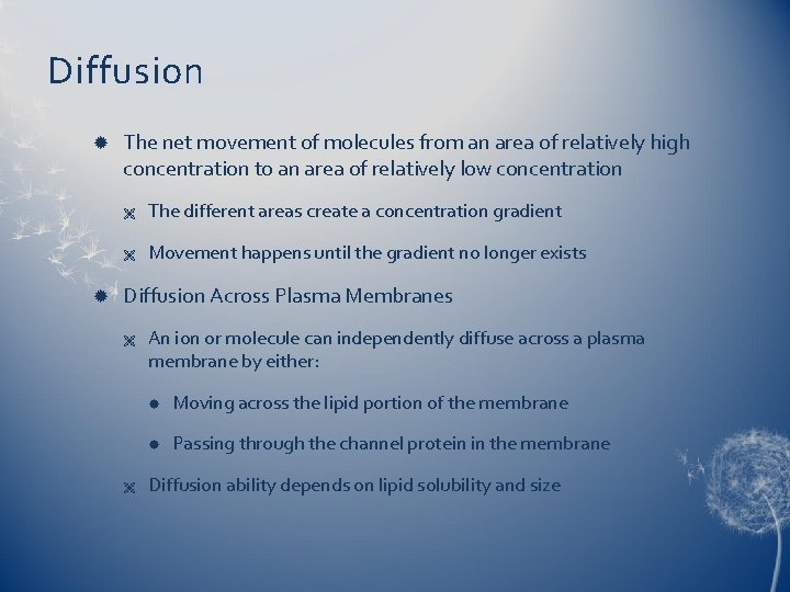 Diffusion The net movement of molecules from an area of relatively high concentration to