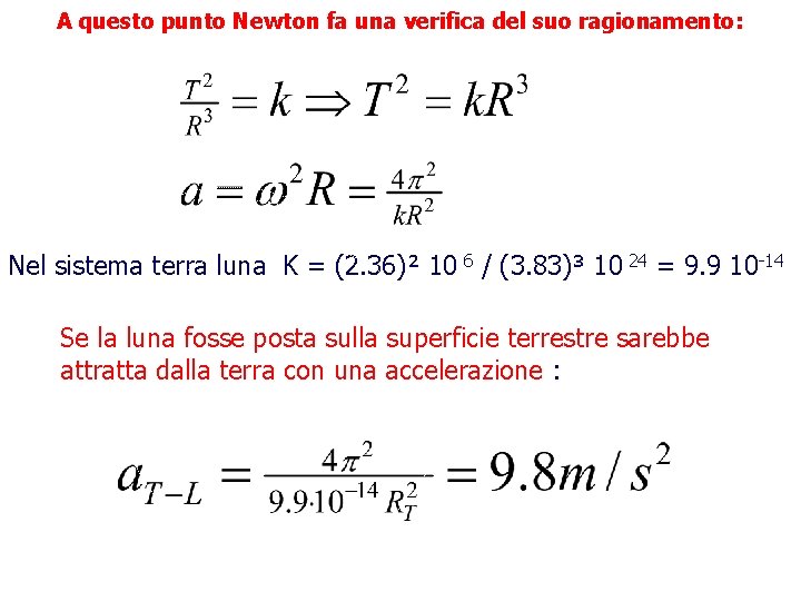 A questo punto Newton fa una 10 verifica del suo ragionamento: 6 Nel sistema