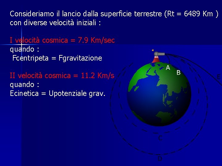 Consideriamo il lancio dalla superficie terrestre (Rt = 6489 Km ) con diverse velocità