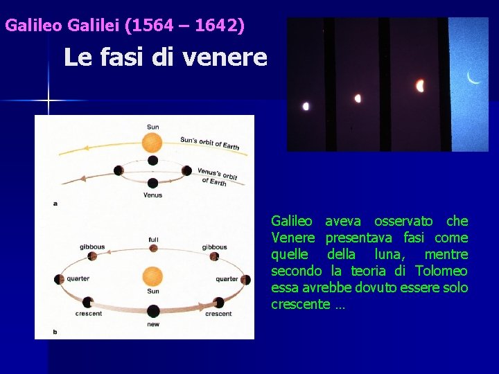 Galileo Galilei (1564 – 1642) Le fasi di venere Galileo aveva osservato che Venere