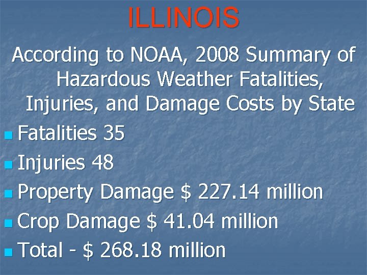 ILLINOIS According to NOAA, 2008 Summary of Hazardous Weather Fatalities, Injuries, and Damage Costs