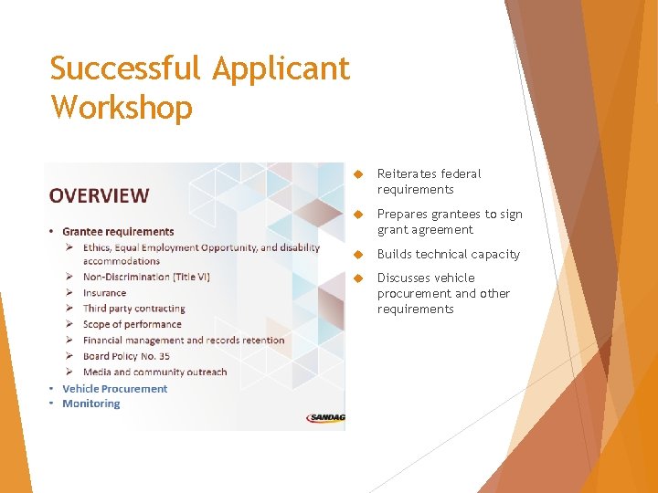 Successful Applicant Workshop Reiterates federal requirements Prepares grantees to sign grant agreement Builds technical