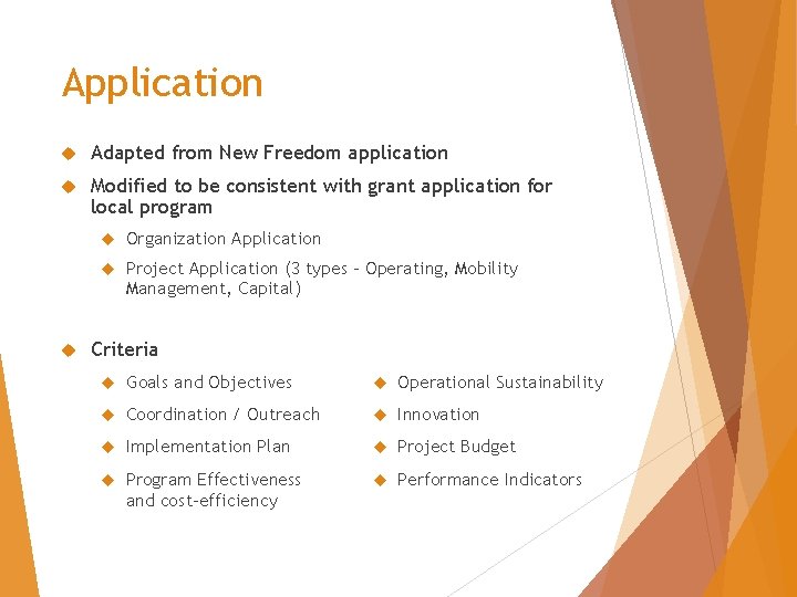 Application Adapted from New Freedom application Modified to be consistent with grant application for