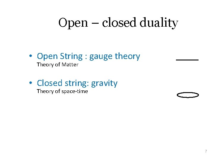 Open – closed duality • Open String : gauge theory Theory of Matter •