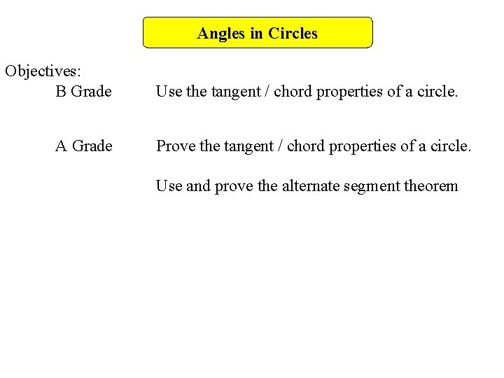 Angles in Circles Objectives: B Grade A Grade Use the tangent / chord properties