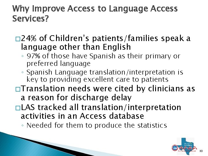 Why Improve Access to Language Access Services? � 24% of Children’s patients/families speak a