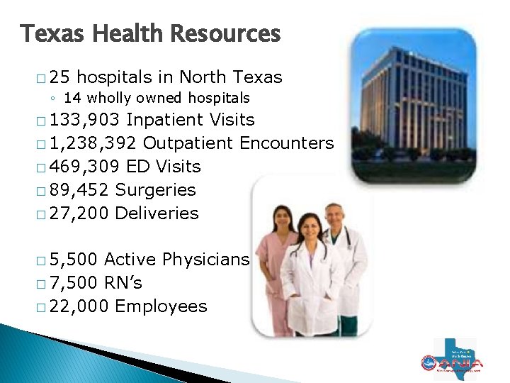 Texas Health Resources � 25 hospitals in North Texas ◦ 14 wholly owned hospitals