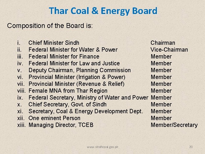 Thar Coal & Energy Board Composition of the Board is: i. iii. iv. v.