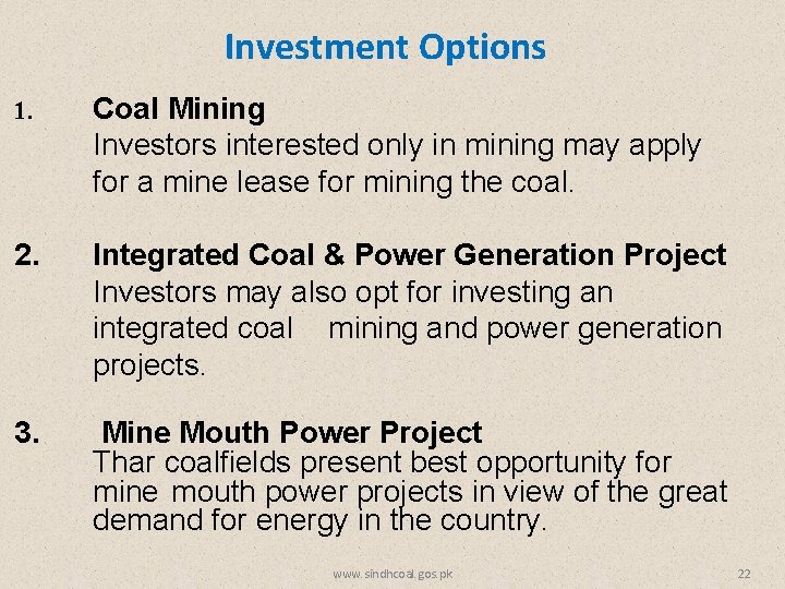 Investment Options 1. Coal Mining Investors interested only in mining may apply for a