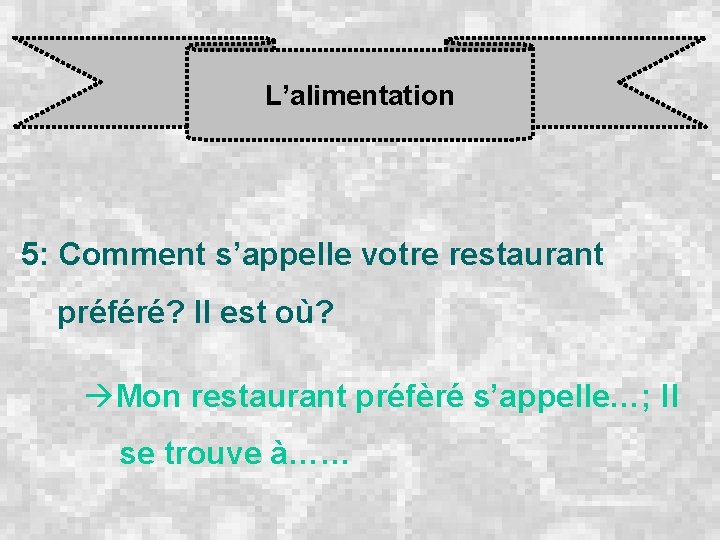 L’alimentation 5: Comment s’appelle votre restaurant préféré? Il est où? àMon restaurant préfèré s’appelle…;