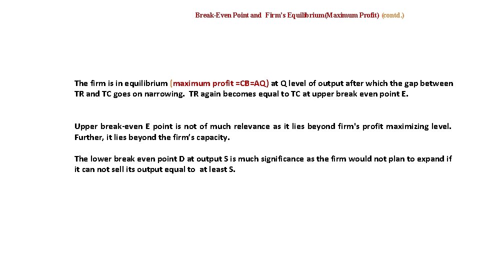 Break-Even Point and Firm’s Equilibrium(Maximum Profit) (contd. ) The firm is in equilibrium (maximum