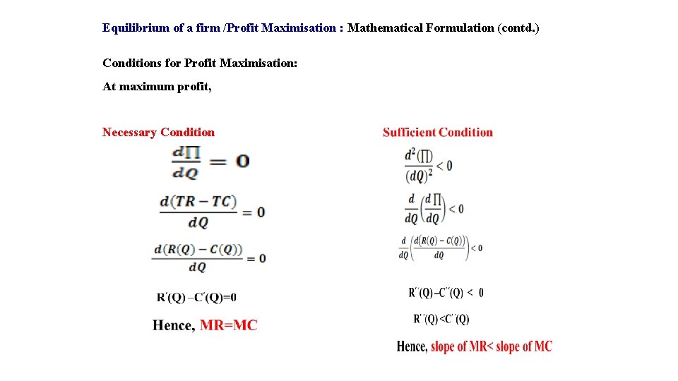 Equilibrium of a firm /Profit Maximisation : Mathematical Formulation (contd. ) Conditions for Profit